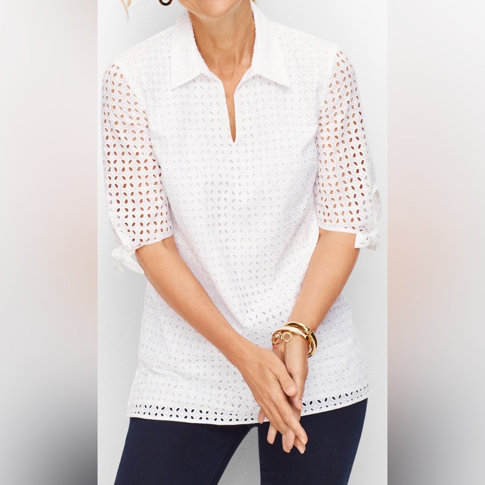 Talbots White Petal Eyelet  Top Blouse XS Tie Sleeve Lined Tunic XS‎